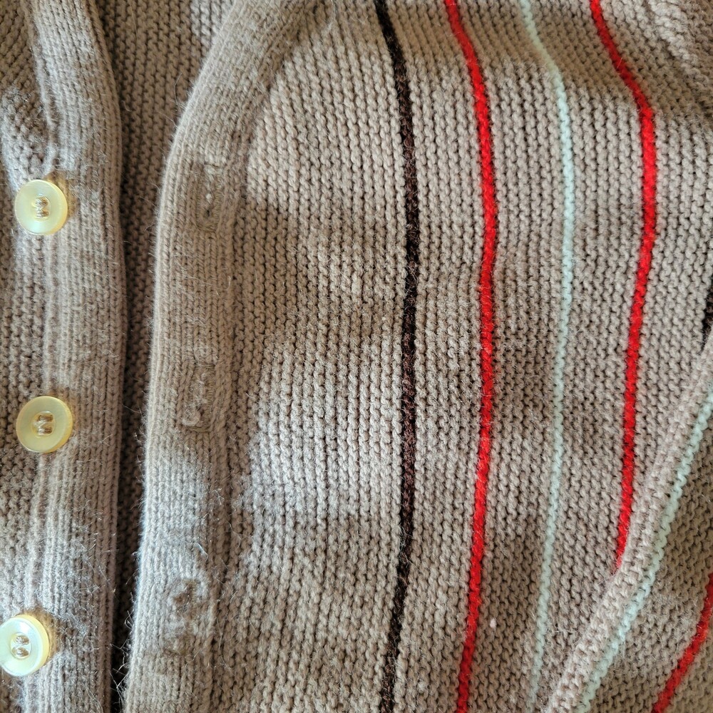 Vintage Toddler Striped Knit Cardigan Sweater Beige Red Brown Blue Light Buttons